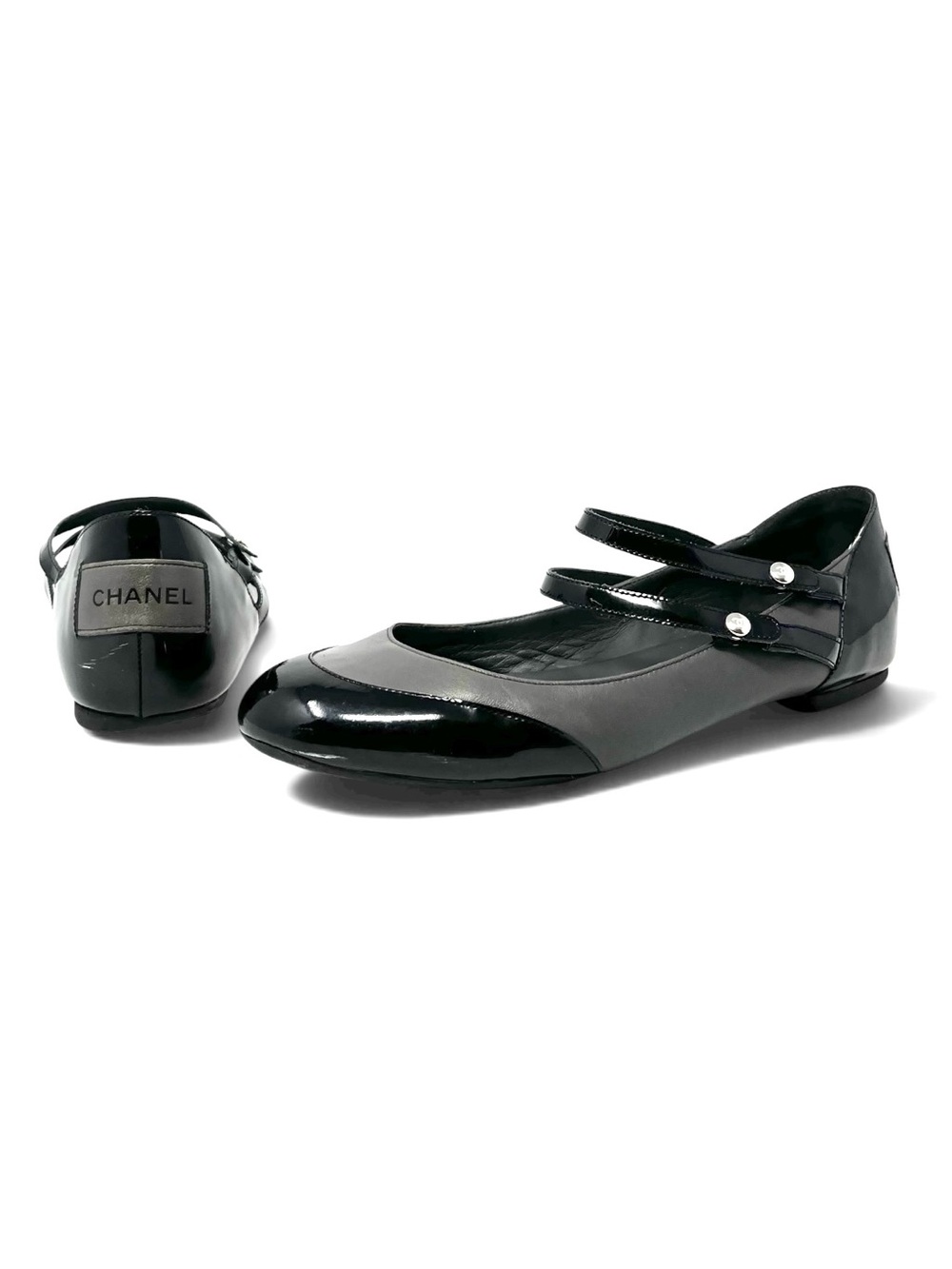 Chanel Mary Jane Janes Ballet Flats Black Gray Cap Toe Two Tone CC Logo 40 10 - Picture 12 of 12